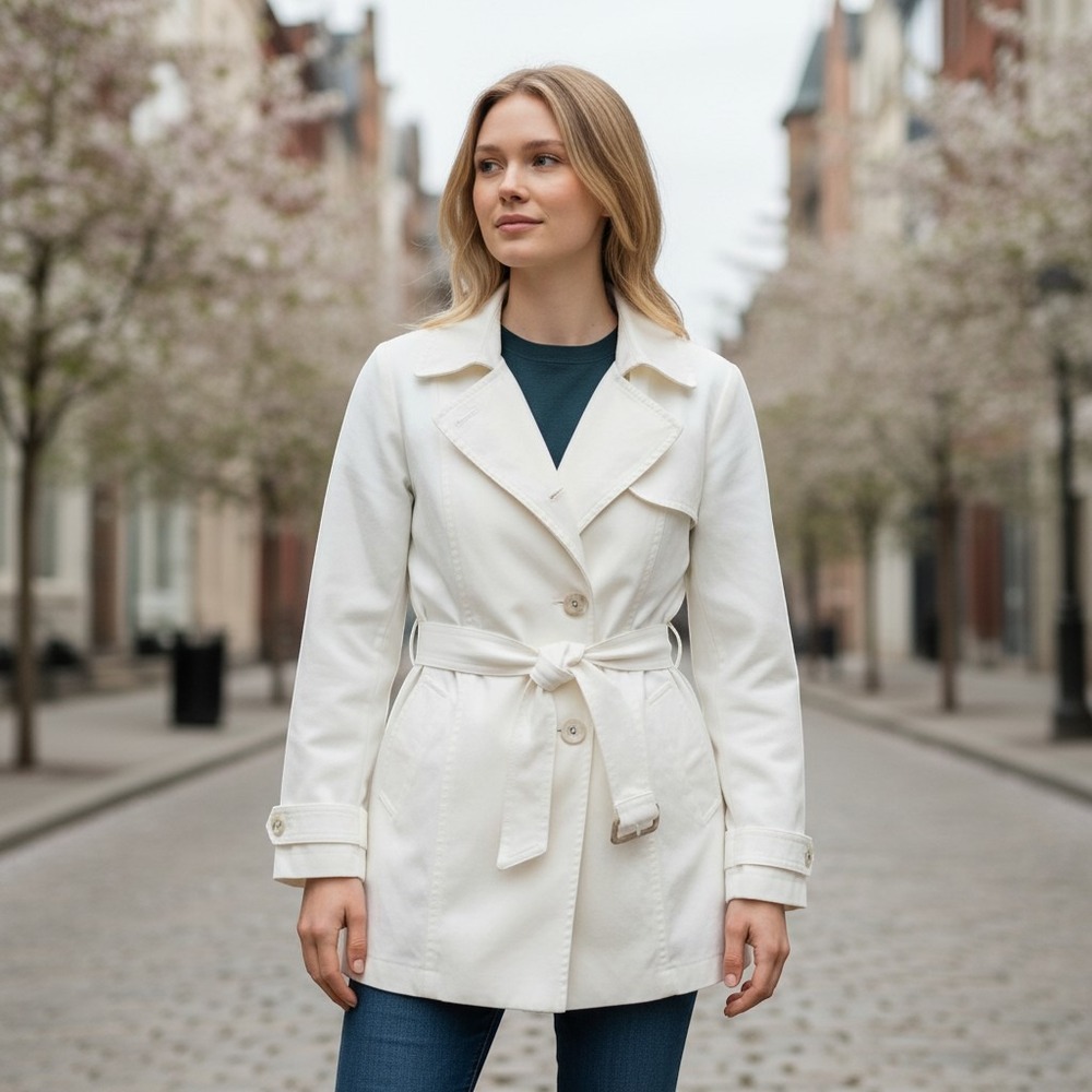 Costa Blanca Womens Cream Belted Trench Coat Size 6 Off White Button Jacket